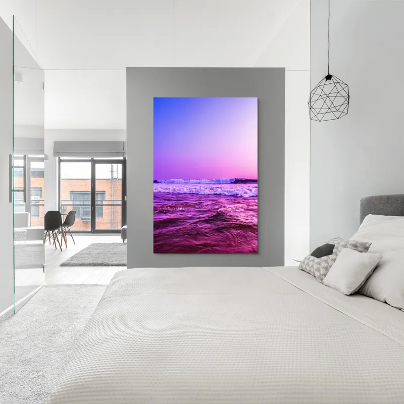 Tablou Canvas, "Valuri sub cerul purpuriu", Ocean, Apus, Valuri, Cer, Roz, Albastru, Orizont, Lumină, Reflecție, Calm, Natură, 100 x 150 cm – poza 5