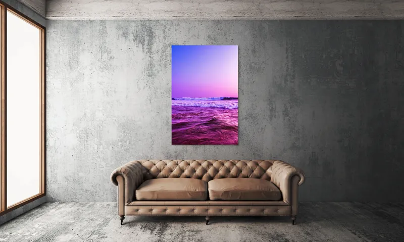 Tablou Canvas, "Valuri sub cerul purpuriu", Ocean, Apus, Valuri, Cer, Roz, Albastru, Orizont, Lumină, Reflecție, Calm, Natură, 100 x 150 cm – poza 6