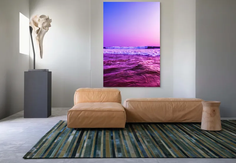 Tablou Canvas, "Valuri sub cerul purpuriu", Ocean, Apus, Valuri, Cer, Roz, Albastru, Orizont, Lumină, Reflecție, Calm, Natură, 100 x 150 cm – poza 7