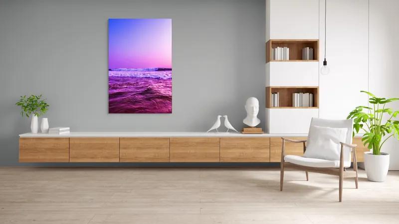 Tablou Canvas, "Valuri sub cerul purpuriu", Ocean, Apus, Valuri, Cer, Roz, Albastru, Orizont, Lumină, Reflecție, Calm, Natură, 100 x 150 cm – poza 8