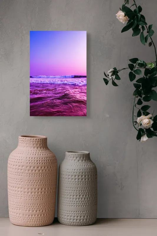 Tablou Canvas, "Valuri sub cerul purpuriu", Ocean, Apus, Valuri, Cer, Roz, Albastru, Orizont, Lumină, Reflecție, Calm, Natură, 26 x 39 cm – poza 6