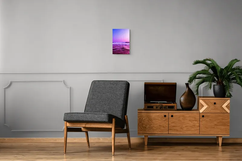 Tablou Canvas, "Valuri sub cerul purpuriu", Ocean, Apus, Valuri, Cer, Roz, Albastru, Orizont, Lumină, Reflecție, Calm, Natură, 26 x 39 cm – poza 8