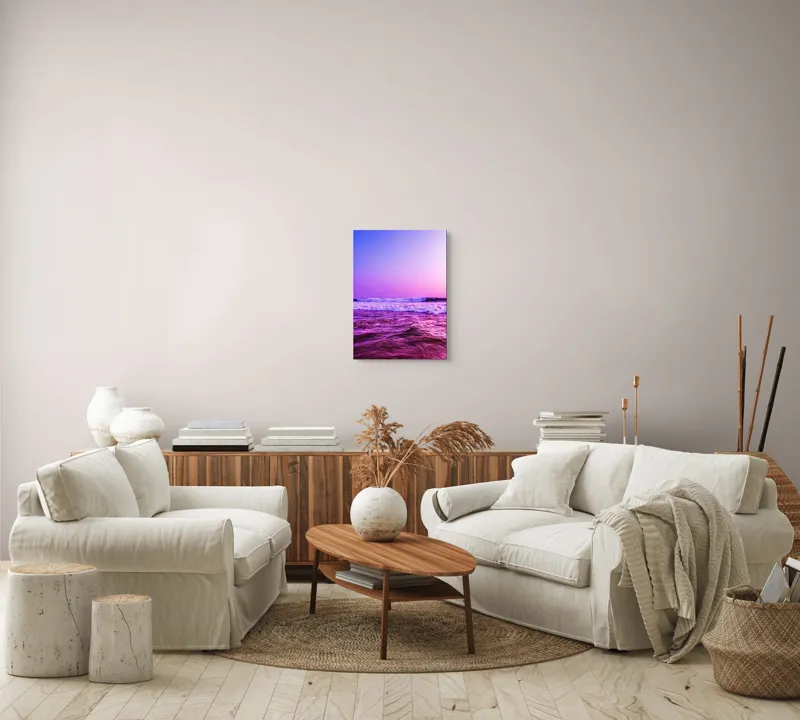 Tablou Canvas, "Valuri sub cerul purpuriu", Ocean, Apus, Valuri, Cer, Roz, Albastru, Orizont, Lumină, Reflecție, Calm, Natură, 39 x 54 cm – poza 5