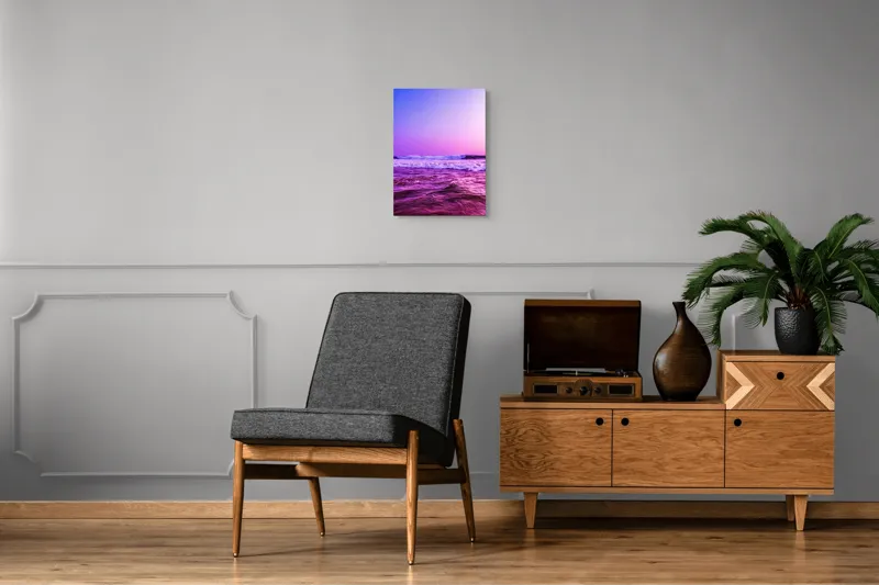 Tablou Canvas, "Valuri sub cerul purpuriu", Ocean, Apus, Valuri, Cer, Roz, Albastru, Orizont, Lumină, Reflecție, Calm, Natură, 39 x 54 cm – poza 8