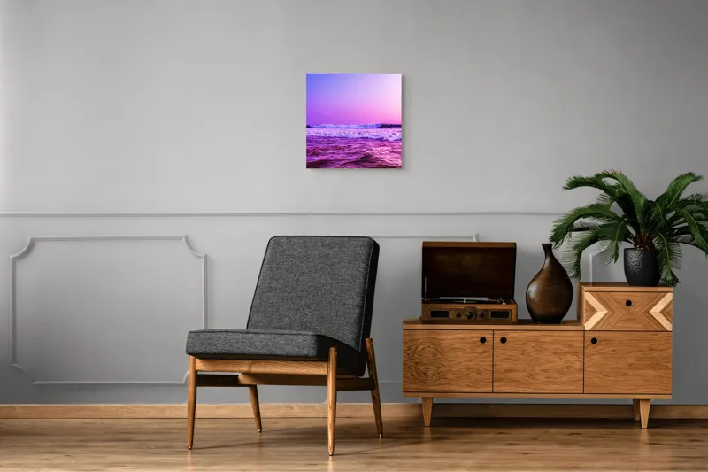 Tablou Canvas, "Valuri sub cerul purpuriu", Ocean, Apus, Valuri, Cer, Roz, Albastru, Orizont, Lumină, Reflecție, Calm, Natură, 50 x 50 cm – poza 6