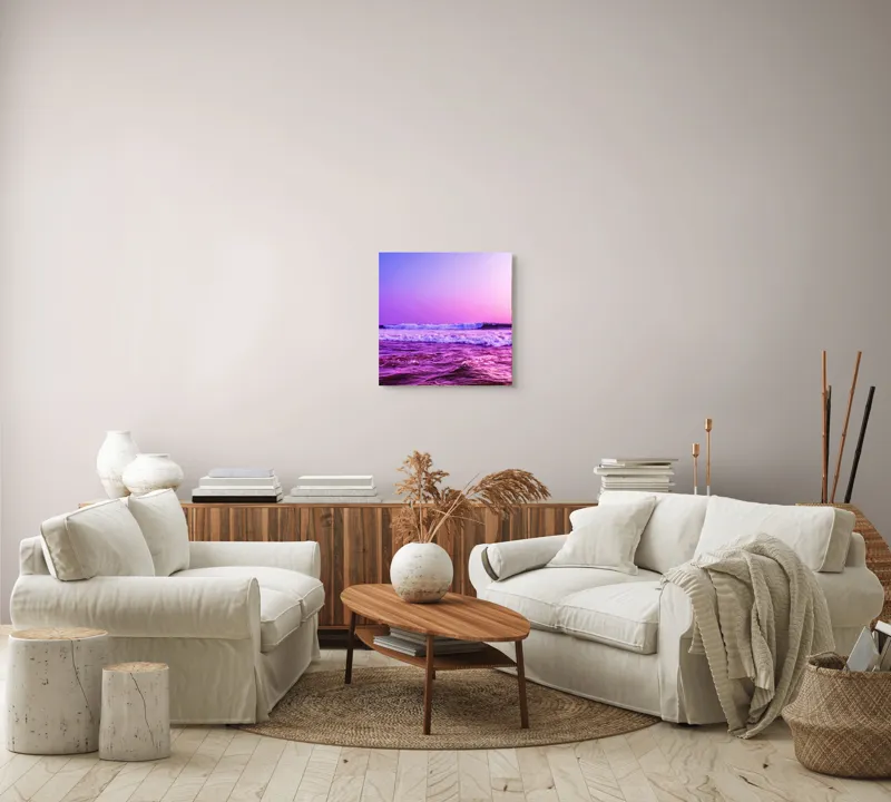 Tablou Canvas, "Valuri sub cerul purpuriu", Ocean, Apus, Valuri, Cer, Roz, Albastru, Orizont, Lumină, Reflecție, Calm, Natură, 50 x 50 cm – poza 7
