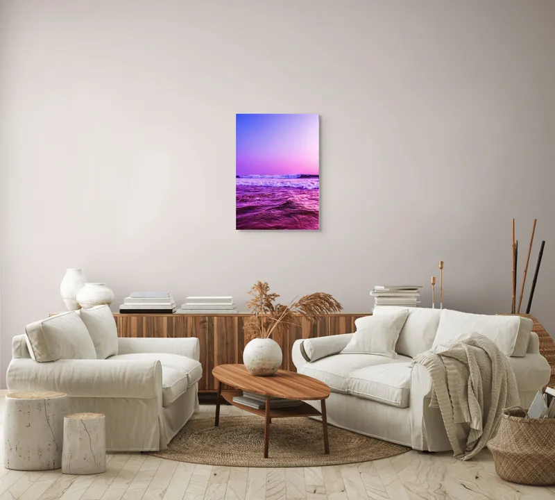 Tablou Canvas, "Valuri sub cerul purpuriu", Ocean, Apus, Valuri, Cer, Roz, Albastru, Orizont, Lumină, Reflecție, Calm, Natură, 50 x 70 cm – poza 4