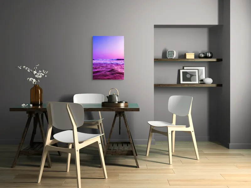 Tablou Canvas, "Valuri sub cerul purpuriu", Ocean, Apus, Valuri, Cer, Roz, Albastru, Orizont, Lumină, Reflecție, Calm, Natură, 50 x 70 cm – poza 5