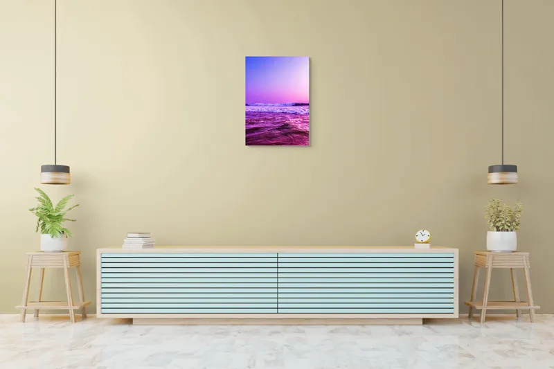 Tablou Canvas, "Valuri sub cerul purpuriu", Ocean, Apus, Valuri, Cer, Roz, Albastru, Orizont, Lumină, Reflecție, Calm, Natură, 50 x 70 cm – poza 6
