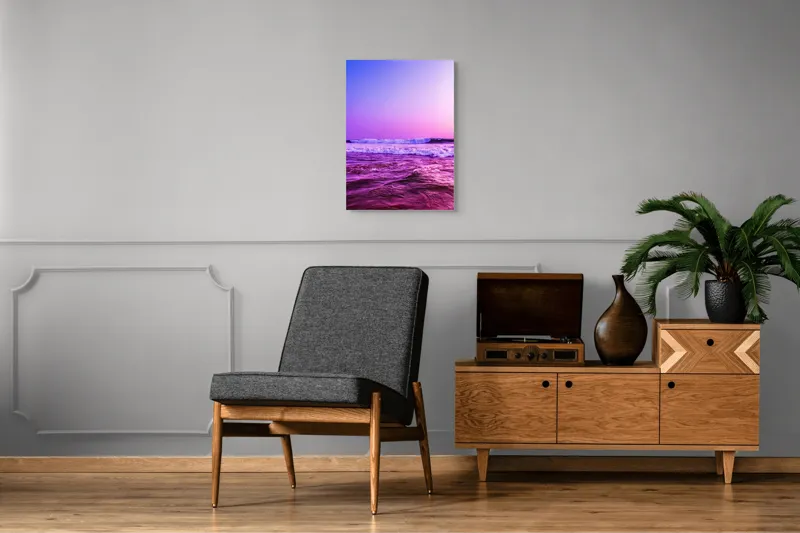 Tablou Canvas, "Valuri sub cerul purpuriu", Ocean, Apus, Valuri, Cer, Roz, Albastru, Orizont, Lumină, Reflecție, Calm, Natură, 50 x 70 cm – poza 8