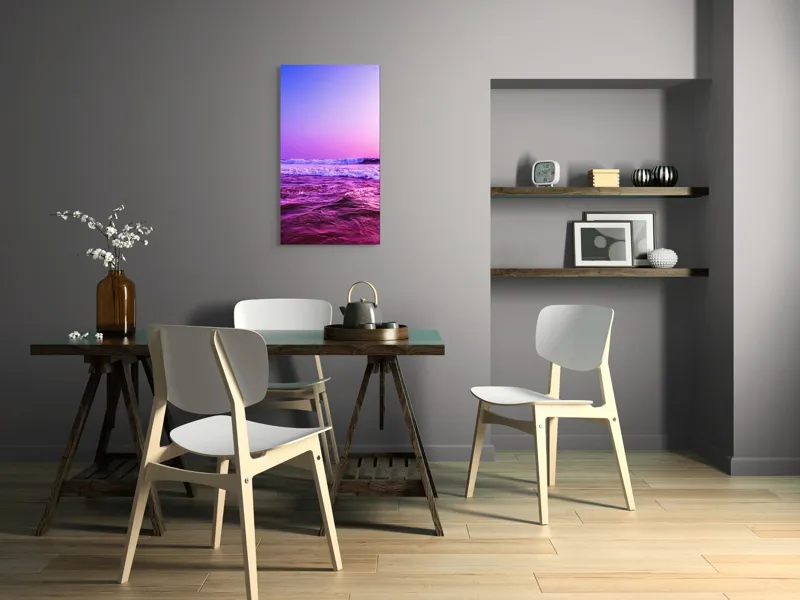 Tablou Canvas, "Valuri sub cerul purpuriu", Ocean, Apus, Valuri, Cer, Roz, Albastru, Orizont, Lumină, Reflecție, Calm, Natură, 50 x 90 cm – poza 4