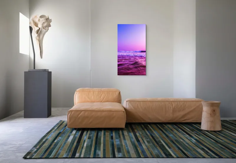 Tablou Canvas, "Valuri sub cerul purpuriu", Ocean, Apus, Valuri, Cer, Roz, Albastru, Orizont, Lumină, Reflecție, Calm, Natură, 50 x 90 cm – poza 5