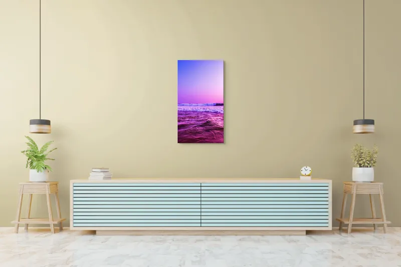 Tablou Canvas, "Valuri sub cerul purpuriu", Ocean, Apus, Valuri, Cer, Roz, Albastru, Orizont, Lumină, Reflecție, Calm, Natură, 50 x 90 cm – poza 6