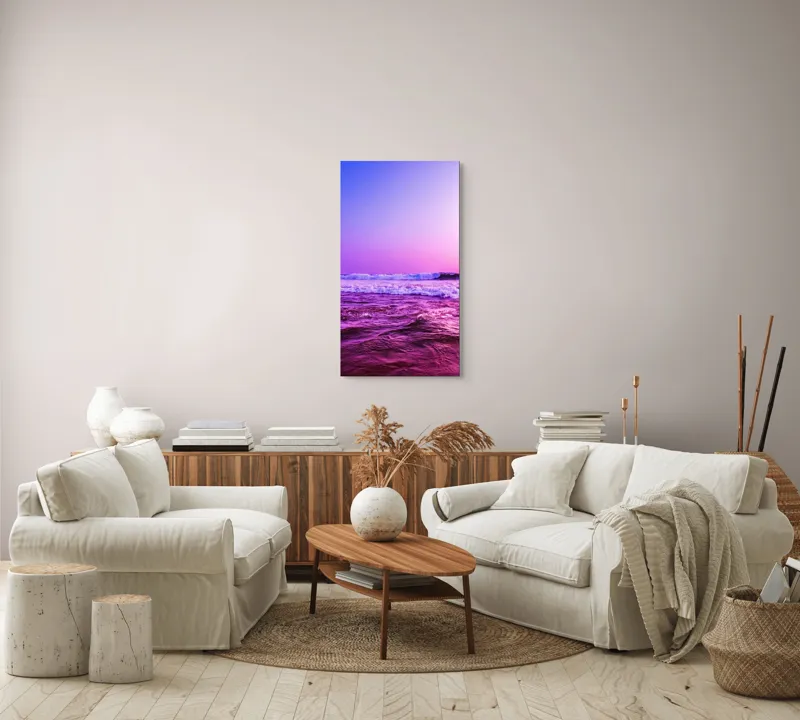 Tablou Canvas, "Valuri sub cerul purpuriu", Ocean, Apus, Valuri, Cer, Roz, Albastru, Orizont, Lumină, Reflecție, Calm, Natură, 50 x 90 cm – poza 7