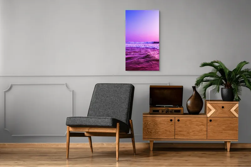 Tablou Canvas, "Valuri sub cerul purpuriu", Ocean, Apus, Valuri, Cer, Roz, Albastru, Orizont, Lumină, Reflecție, Calm, Natură, 50 x 90 cm – poza 8