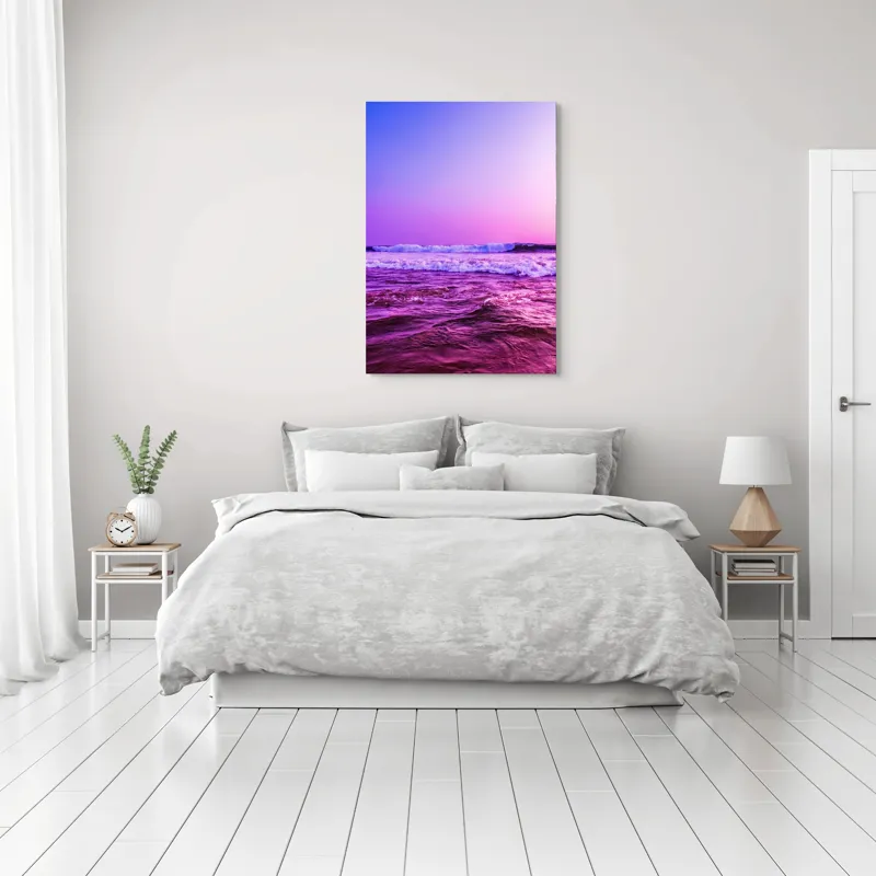 Tablou Canvas, "Valuri sub cerul purpuriu", Ocean, Apus, Valuri, Cer, Roz, Albastru, Orizont, Lumină, Reflecție, Calm, Natură, 70 x 100 cm – poza 3