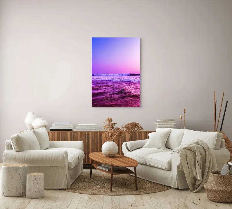 Tablou Canvas, "Valuri sub cerul purpuriu", Ocean, Apus, Valuri, Cer, Roz, Albastru, Orizont, Lumină, Reflecție, Calm, Natură, 70 x 100 cm – poza 4