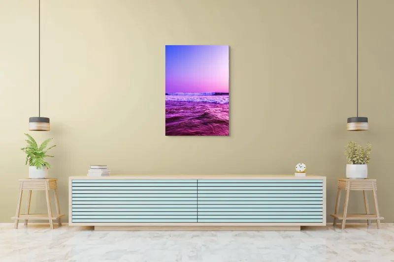 Tablou Canvas, "Valuri sub cerul purpuriu", Ocean, Apus, Valuri, Cer, Roz, Albastru, Orizont, Lumină, Reflecție, Calm, Natură, 70 x 100 cm – poza 5
