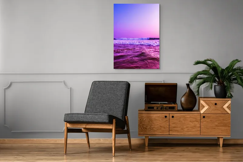 Tablou Canvas, "Valuri sub cerul purpuriu", Ocean, Apus, Valuri, Cer, Roz, Albastru, Orizont, Lumină, Reflecție, Calm, Natură, 70 x 100 cm – poza 6
