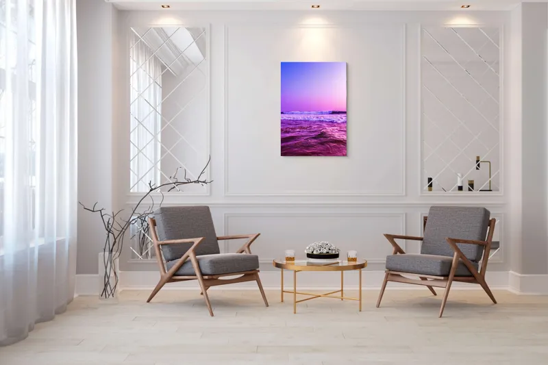 Tablou Canvas, "Valuri sub cerul purpuriu", Ocean, Apus, Valuri, Cer, Roz, Albastru, Orizont, Lumină, Reflecție, Calm, Natură, 70 x 100 cm – poza 8