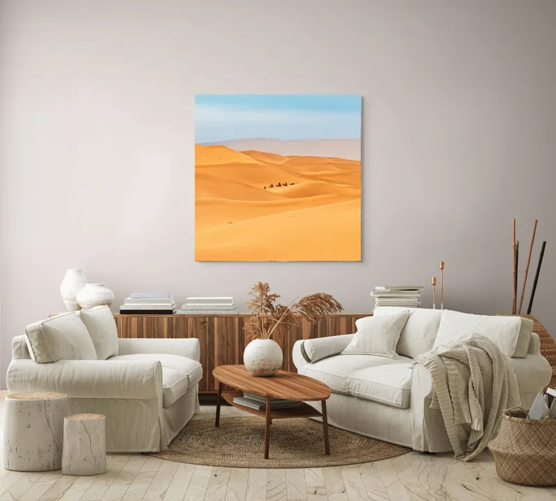 Tablou Canvas, "Caravană de cămile în deșert", Dune, Cămile, Aurii, Albastru, Orizont, Deșert, Nisip, Peisaj, Cer, Valuri, 100 x 100 cm – poza 3