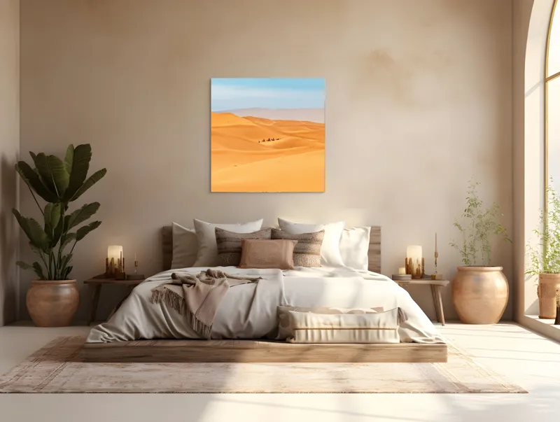 Tablou Canvas, "Caravană de cămile în deșert", Dune, Cămile, Aurii, Albastru, Orizont, Deșert, Nisip, Peisaj, Cer, Valuri, 100 x 100 cm – poza 4