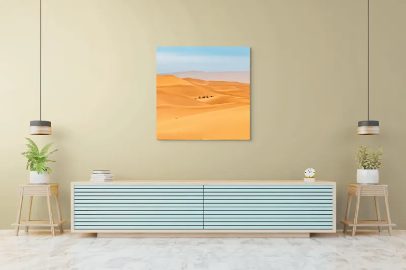 Tablou Canvas, "Caravană de cămile în deșert", Dune, Cămile, Aurii, Albastru, Orizont, Deșert, Nisip, Peisaj, Cer, Valuri, 100 x 100 cm – poza 5