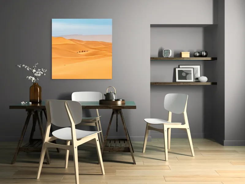 Tablou Canvas, "Caravană de cămile în deșert", Dune, Cămile, Aurii, Albastru, Orizont, Deșert, Nisip, Peisaj, Cer, Valuri, 100 x 100 cm – poza 6