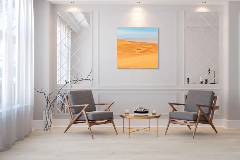 Tablou Canvas, "Caravană de cămile în deșert", Dune, Cămile, Aurii, Albastru, Orizont, Deșert, Nisip, Peisaj, Cer, Valuri, 100 x 100 cm – poza 7