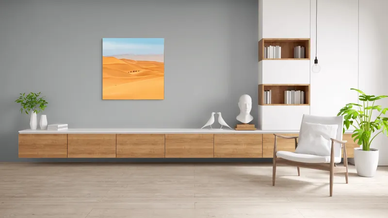 Tablou Canvas, "Caravană de cămile în deșert", Dune, Cămile, Aurii, Albastru, Orizont, Deșert, Nisip, Peisaj, Cer, Valuri, 100 x 100 cm – poza 8