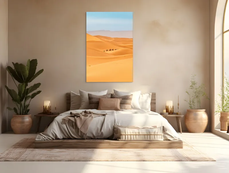 Tablou Canvas, "Caravană de cămile în deșert", Dune, Cămile, Aurii, Albastru, Orizont, Deșert, Nisip, Peisaj, Cer, Valuri, 100 x 150 cm – poza 3