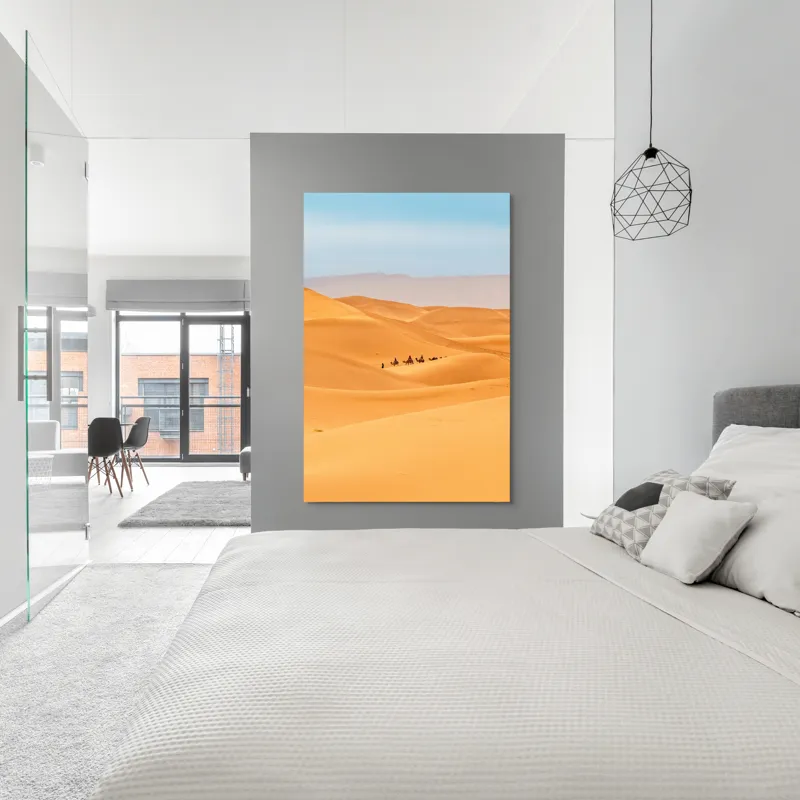 Tablou Canvas, "Caravană de cămile în deșert", Dune, Cămile, Aurii, Albastru, Orizont, Deșert, Nisip, Peisaj, Cer, Valuri, 100 x 150 cm – poza 5