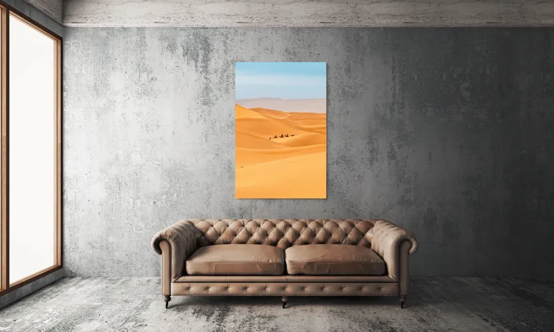 Tablou Canvas, "Caravană de cămile în deșert", Dune, Cămile, Aurii, Albastru, Orizont, Deșert, Nisip, Peisaj, Cer, Valuri, 100 x 150 cm – poza 6