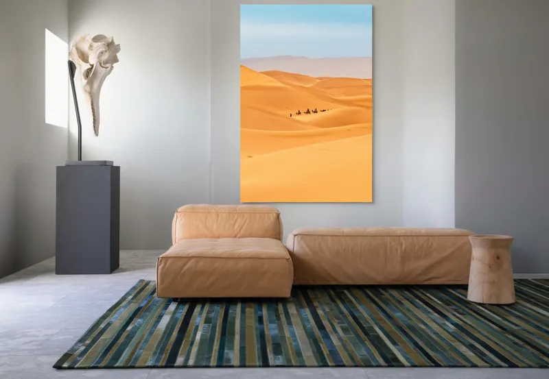 Tablou Canvas, "Caravană de cămile în deșert", Dune, Cămile, Aurii, Albastru, Orizont, Deșert, Nisip, Peisaj, Cer, Valuri, 100 x 150 cm – poza 7