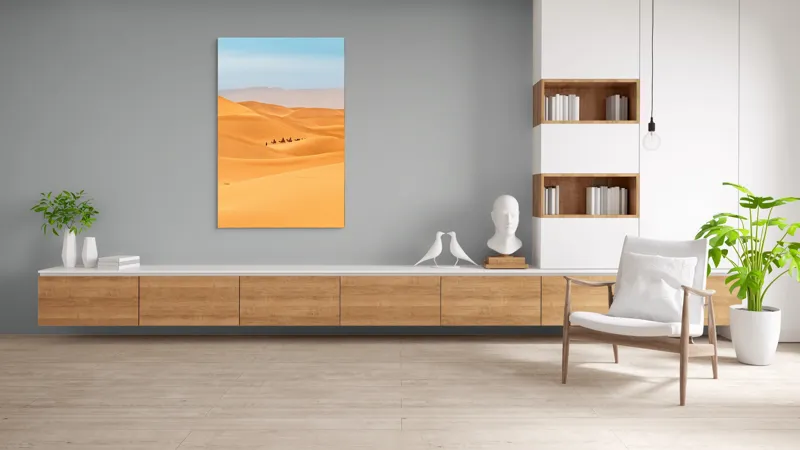 Tablou Canvas, "Caravană de cămile în deșert", Dune, Cămile, Aurii, Albastru, Orizont, Deșert, Nisip, Peisaj, Cer, Valuri, 100 x 150 cm – poza 8