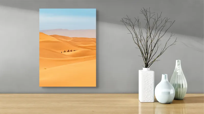 Tablou Canvas, "Caravană de cămile în deșert", Dune, Cămile, Aurii, Albastru, Orizont, Deșert, Nisip, Peisaj, Cer, Valuri, 39 x 54 cm – poza 4