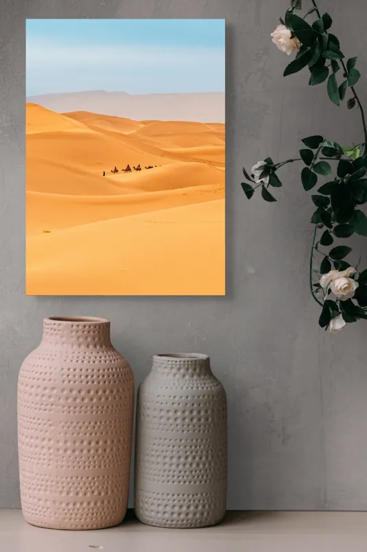 Tablou Canvas, "Caravană de cămile în deșert", Dune, Cămile, Aurii, Albastru, Orizont, Deșert, Nisip, Peisaj, Cer, Valuri, 39 x 54 cm – poza 6