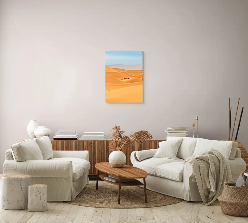 Tablou Canvas, "Caravană de cămile în deșert", Dune, Cămile, Aurii, Albastru, Orizont, Deșert, Nisip, Peisaj, Cer, Valuri, 50 x 70 cm – poza 4