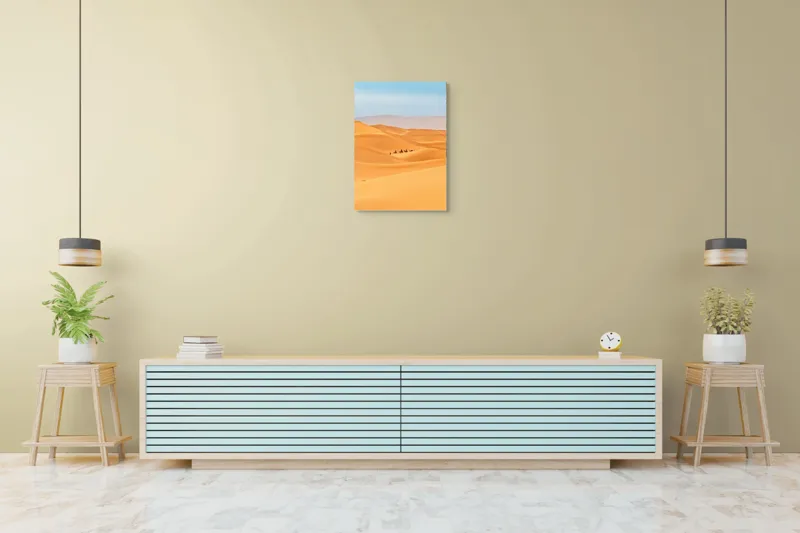 Tablou Canvas, "Caravană de cămile în deșert", Dune, Cămile, Aurii, Albastru, Orizont, Deșert, Nisip, Peisaj, Cer, Valuri, 50 x 70 cm – poza 6