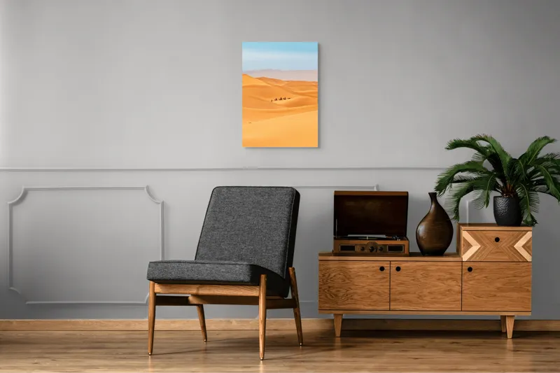 Tablou Canvas, "Caravană de cămile în deșert", Dune, Cămile, Aurii, Albastru, Orizont, Deșert, Nisip, Peisaj, Cer, Valuri, 50 x 70 cm – poza 8
