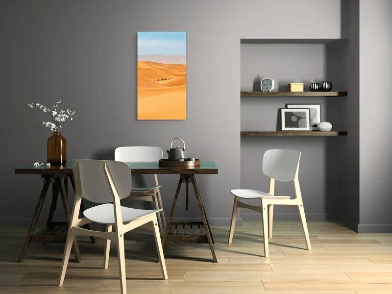 Tablou Canvas, "Caravană de cămile în deșert", Dune, Cămile, Aurii, Albastru, Orizont, Deșert, Nisip, Peisaj, Cer, Valuri, 50 x 90 cm – poza 4