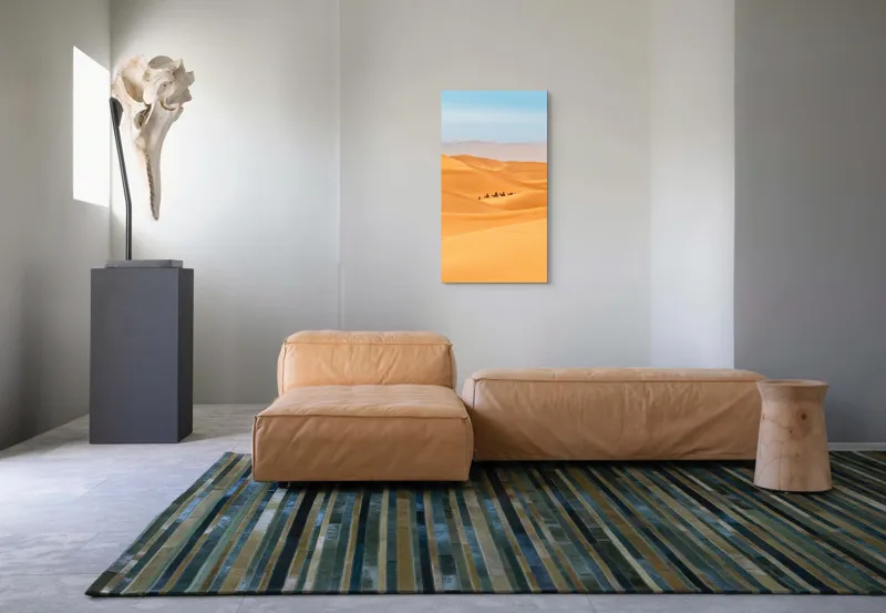 Tablou Canvas, "Caravană de cămile în deșert", Dune, Cămile, Aurii, Albastru, Orizont, Deșert, Nisip, Peisaj, Cer, Valuri, 50 x 90 cm – poza 5