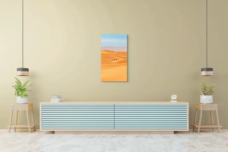 Tablou Canvas, "Caravană de cămile în deșert", Dune, Cămile, Aurii, Albastru, Orizont, Deșert, Nisip, Peisaj, Cer, Valuri, 50 x 90 cm – poza 6