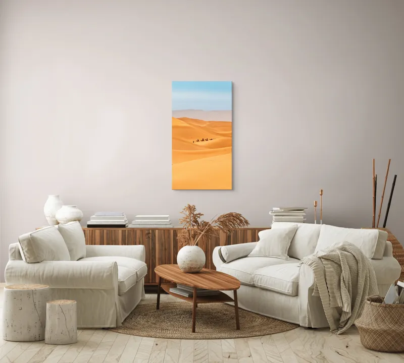Tablou Canvas, "Caravană de cămile în deșert", Dune, Cămile, Aurii, Albastru, Orizont, Deșert, Nisip, Peisaj, Cer, Valuri, 50 x 90 cm – poza 7