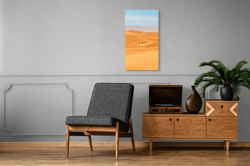 Tablou Canvas, "Caravană de cămile în deșert", Dune, Cămile, Aurii, Albastru, Orizont, Deșert, Nisip, Peisaj, Cer, Valuri, 50 x 90 cm – poza 8