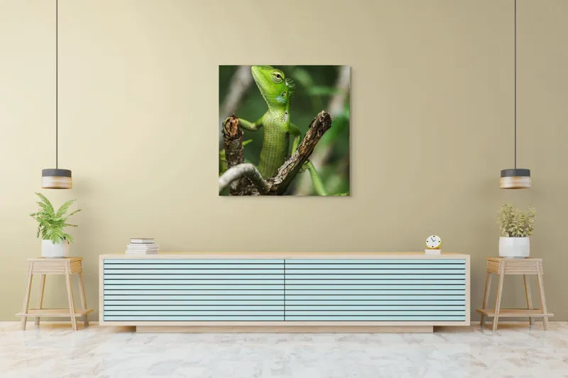 Tablou Canvas, "Șopârla verde printre crengi uscate", Șopârlă, Verde, Creangă, Natură, Frunze, Privire, Solzi, Ramură, Vârf, Ochi, Detaliu, Observare, 100 x 100 cm – poza 5