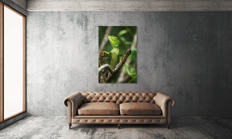 Tablou Canvas, "Șopârla verde printre crengi uscate", Șopârlă, Verde, Creangă, Natură, Frunze, Privire, Solzi, Ramură, Vârf, Ochi, Detaliu, Observare, 100 x 150 cm – poza 6