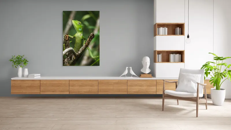 Tablou Canvas, "Șopârla verde printre crengi uscate", Șopârlă, Verde, Creangă, Natură, Frunze, Privire, Solzi, Ramură, Vârf, Ochi, Detaliu, Observare, 100 x 150 cm – poza 8