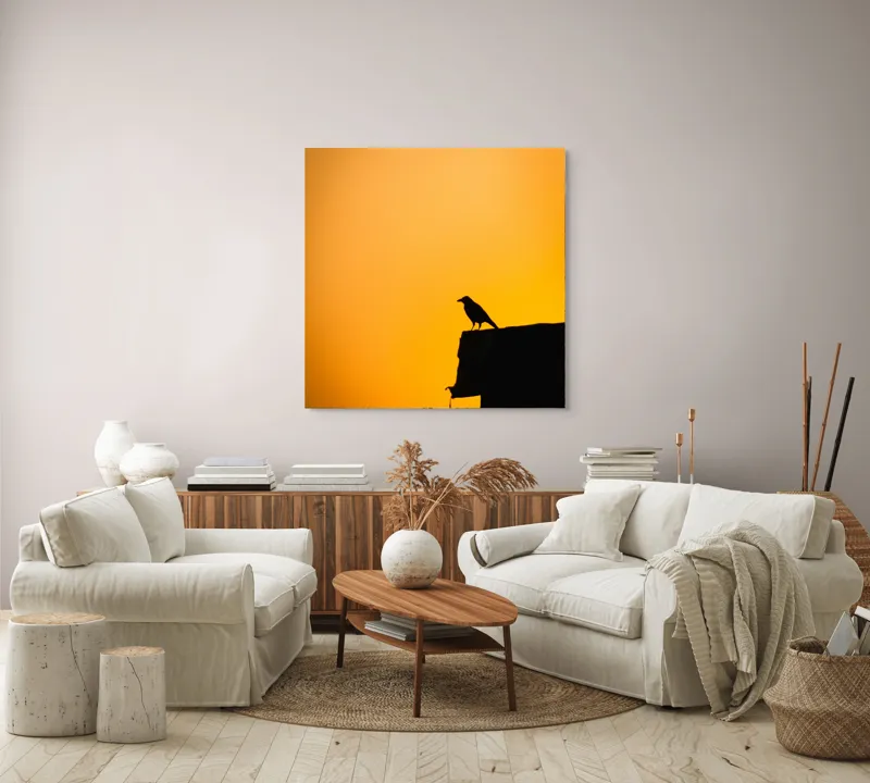 Tablou Canvas, "Corbul la apus de soare", Siluetă, Apus, Cioară, Cer, Portocaliu, Contur, Umbra, Zbor, Liniște, Răscruce, 100 x 100 cm – poza 3