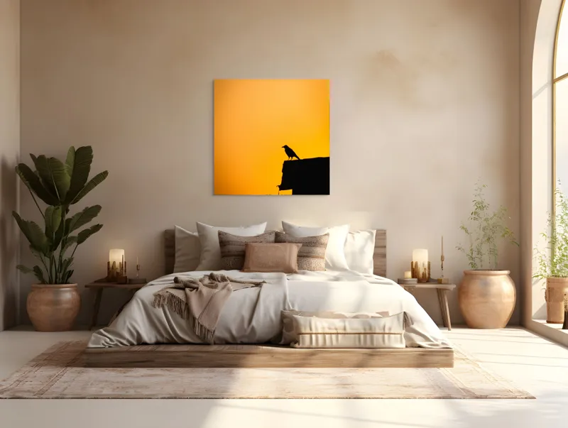 Tablou Canvas, "Corbul la apus de soare", Siluetă, Apus, Cioară, Cer, Portocaliu, Contur, Umbra, Zbor, Liniște, Răscruce, 100 x 100 cm – poza 4